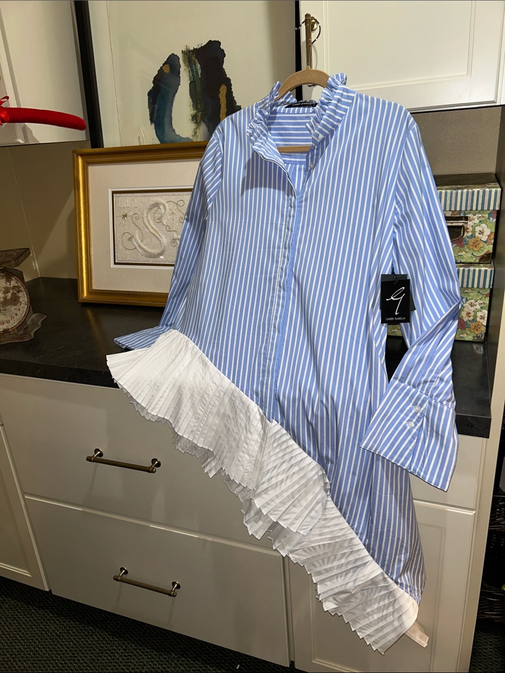 New $139 Gabby Isabella Blue White Stripe Ruffle Asymmetrical Shirt Top XL Pleat